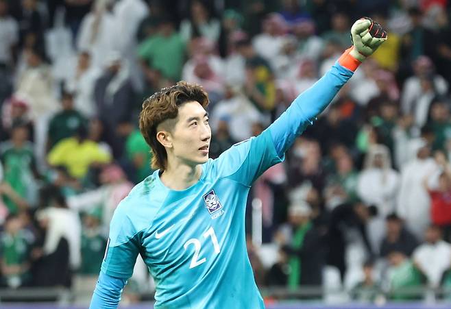 31일 카타르 알라이얀 에듀케이션 시티 스타디움에서 열린 2023 아시아축구연맹(AFC) 카타르 아시안컵 16강전 대한민국과 사우디아라비아의 경기, 조현우가 승부차기에서 선방을 하고 환호하고 있다. /뉴스1