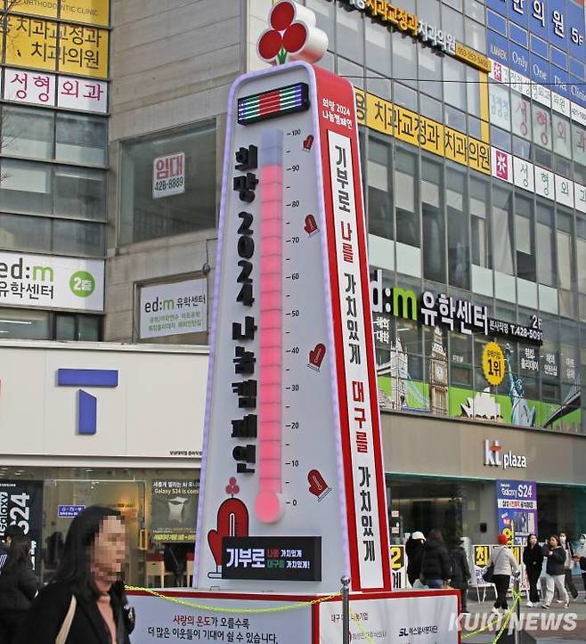 지난 16일 87.5도에 불과했던 대구 사랑의 온도탑 온도가 31일 100도를 넘었다. (최태욱 기자) 2024.01.16