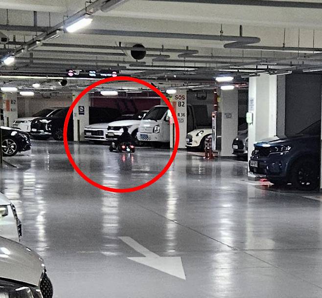 한 아파트 지하 주차장에서 아이와 전동카트를 타고 있는 남성 모습. /사진=온라인 커뮤니티