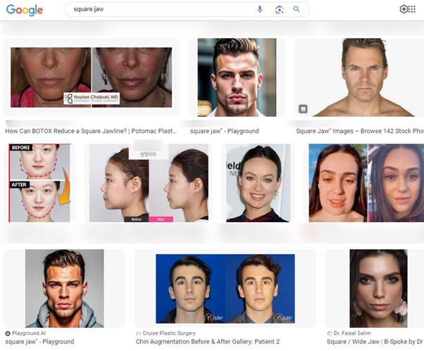 'sqare jaw'를 검색하면, 각이 잡혀 보이는 남성의 정면 얼굴 사진이 많이 보인다. [사진=구글 검색 화면 캡처]