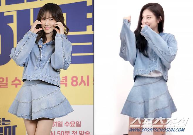 똑같은 청청 패션으로 사랑스러움을 뽐낸 이지아와 제니. 사진=정재근 기자, tvN 영상캡처