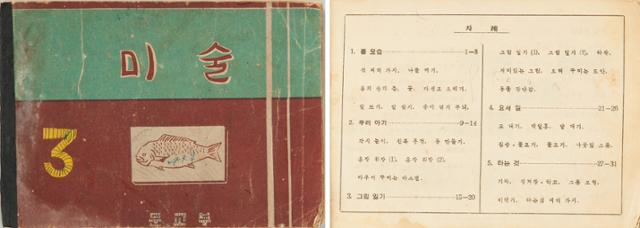 1953년 문교부의 국민학교 3학년 미술교과서의 표지와 차례. 대한문교서적주식회사. 국립민속박물관 소장