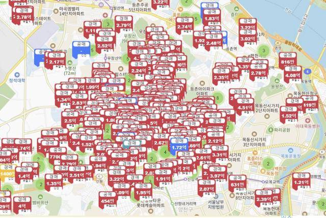 서울 강서구 화곡동 일대에서 진행 중인 감정평가액 5억 원 이하 경공매 지도. 코트옥션맵(courtauctionmap) 홈페이지 캡처