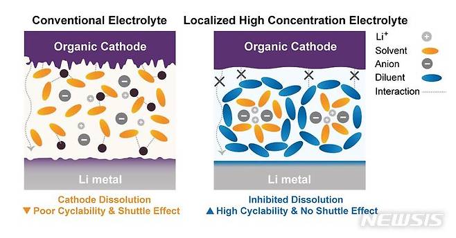 [울산=뉴시스] 유기 전극의 전해질에 따른 용출 거동 차이  *재판매 및 DB 금지