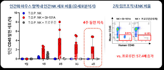 GI-101 병용투여에 따른 T.O.P. NK의 체내지속성 증가 (자료=지아이셀)