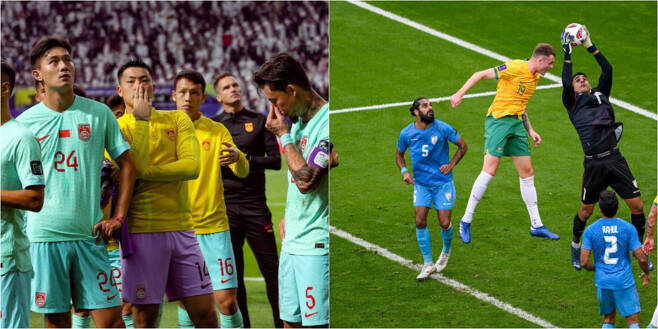 왼쪽 사진은 카타르와의 경기 후 좌절하고 있는 중국 대표팀. 오른쪽은 인도(파란색)와 호주의 경기 장면. 사진 =AFC