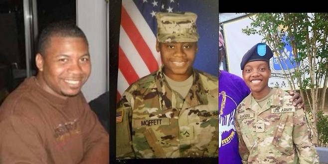 요르단 미군 기지에서 사망한 병사들. 왼쪽부터 윌리엄 제롬 리버스(46) 하사, 브리오나 알렉산드리아 모펫(23) 하사, 케네디 라돈 샌더스(24) 하사 / 사진 = 미 국방부 제공
