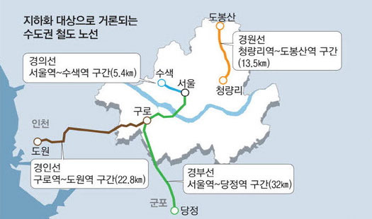 지하화 대상으로 거론되는 수도권 철도 노선. [매경DB]