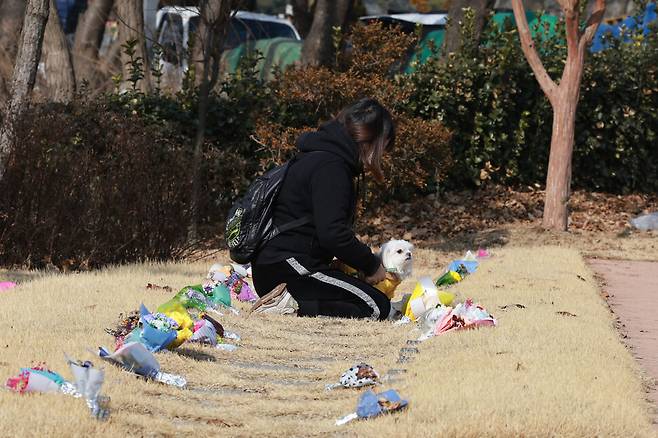 인천가족공원 자연장에서 한 시민이 반려견과 성묘를 하고 있다. 김혜윤 기자