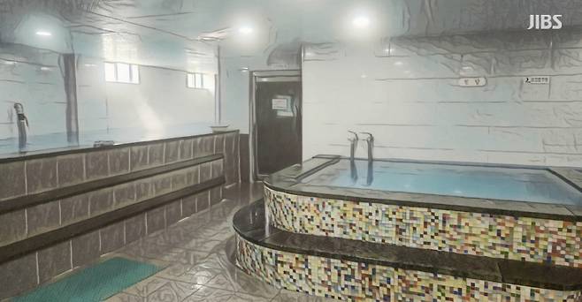 제주에서 가장 오래된 대중 목욕탕인 동천탕(삼다사우나) 내부를 AI 기술을 활용해 그림 형식으로 재구성한 모습. (이미지 신동원 기자)