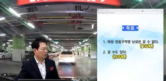 한문철 변호사가 지난해 1월 여성 우선 주차 구역과 관련한 실시간 투표를 진행한 결과, 남성은 갈 수 없다 10%, 갈 수 있다 90% 결과가 나왔다. 사진 유튜브 ‘한문철 TV’ 영상 캡처