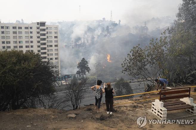 펄펄 끓는 칠레, 산불 확산에 최소 46명 사망 (비냐 델마르<칠레> EPA=연합뉴스) 3일(현지시간) 칠레 발파라이소주 비냐 델 마르 언덕에서 산불을 지켜보는 주민들. 2024.2.4 photo@yna.co.kr