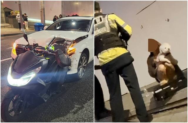 지난 3일 새벽 서울 강남구 논현동에서 발생한 음주운전 사망 사고. 오른쪽 사진은 사고 이후 강아지를 안고 있는 가해 운전자. 유튜브 채널 '카라큘라 미디어' 캡처
