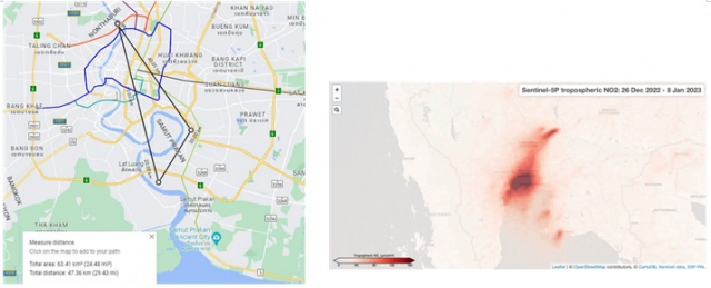 ▲방콕 북부/남부 발전소와 방짝 정유공장의 위치(왼쪽)와 위성으로 촬영된 방콕 및 태국 중부지역의 이산화질소 배출농도(출처: MEE Net, Greenpeace Thailand).