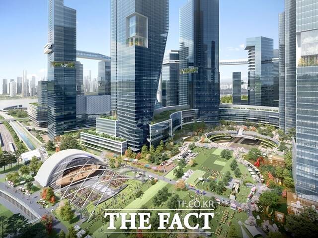 비욘드조닝과 보행일상권이 한꺼번에 적용된 오세훈표 도시공간 대개조 프로젝트가 용산에서 윤곽을 드러낸다. 용산역에서 바라본 공중녹지 모형도. /서울시