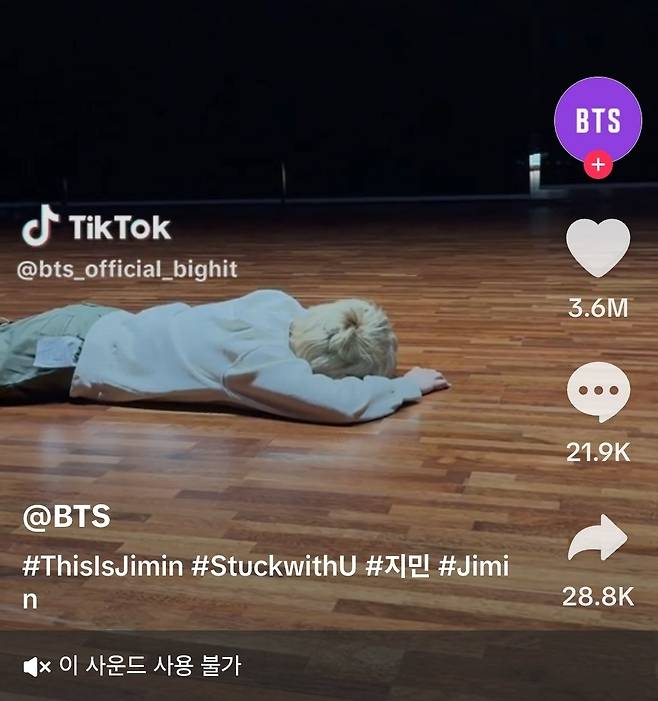 BTS 공식 틱톡 계정에 올라온 영상의 음악이 삭제됐다. 틱톡 화면 캡처