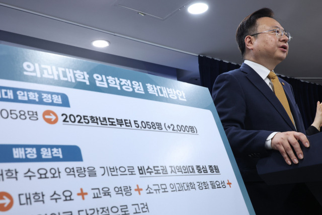 조규홍 보건복지부 장관이 6일 정부서울청사에서 2025학년도 의대정원 2000명 증원안을 발표하고 있다. 연합뉴스