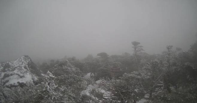10일 제주도 산간에 대설특보가 발효되면서, 한라산 백록담이 하얀 눈으로 덮여 있다. (한라산 국립공원 실시간CCTV)