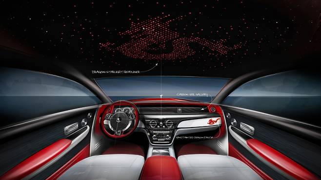 The Rolls-Royce 2024 Year of the Dragon edition's interior features a hand-painted dragon dashboard, Phoenix Red stitching, and a starlit dragon silhouette on the headliner.