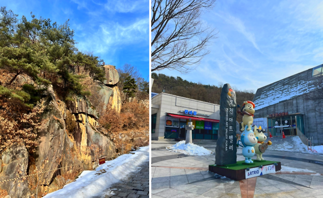 (좌) 포천아트밸리 입구 근처 (우) 포천아트밸리 마스코트 3인방 아트리오 / 사진=김혜성 여행+ 기자