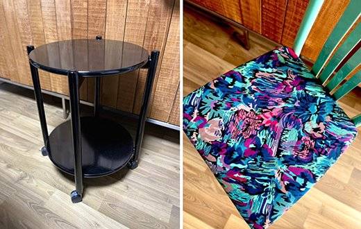 1991년 출시된 보루네오의 하이그로시 바 트롤리. 당시로서는 파격적인 검정색을 썼다. 오른쪽은 멤피스 그룹 스타일의 패턴이 돋보이는 패브릭의 옥색 하이그로시 식탁 의자. 사진 채아영