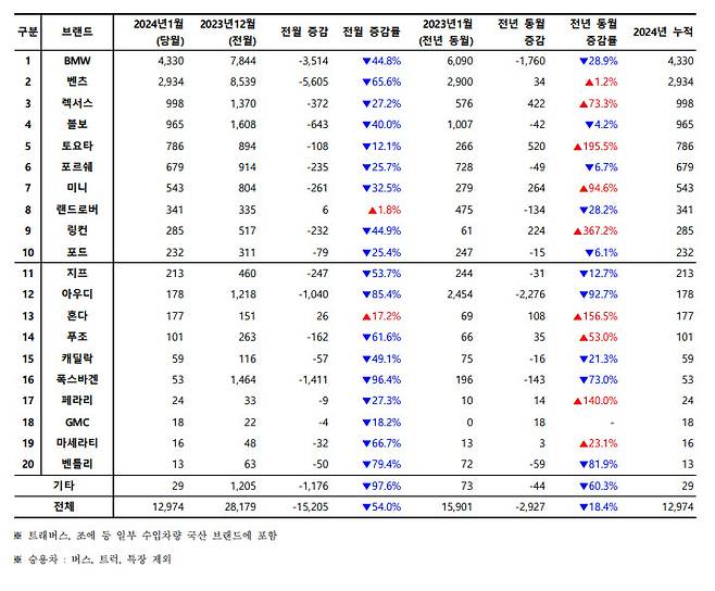 카이즈유 데이터연구소 1월 모델별 수입차. [카이즈유데이터연구소 제공]