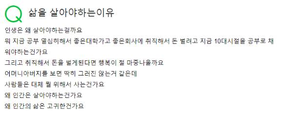 삶의 이유를 묻는 학생에게 남긴 한 누리꾼의 답변이 훈훈함을 자아내고 있다. 사진은 A씨가 남긴 질문.[사진=네이버 지식인 캡처]