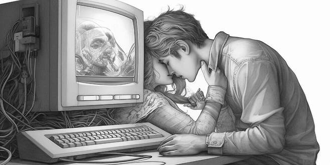 1960년대 미국 매사추세츠공대(MIT)에서 인간이 인공지능 일라이자에 깊은 애착을 느낀 사례를 소재로 미드저니(그래픽 인공지능)가 산출한 그림.