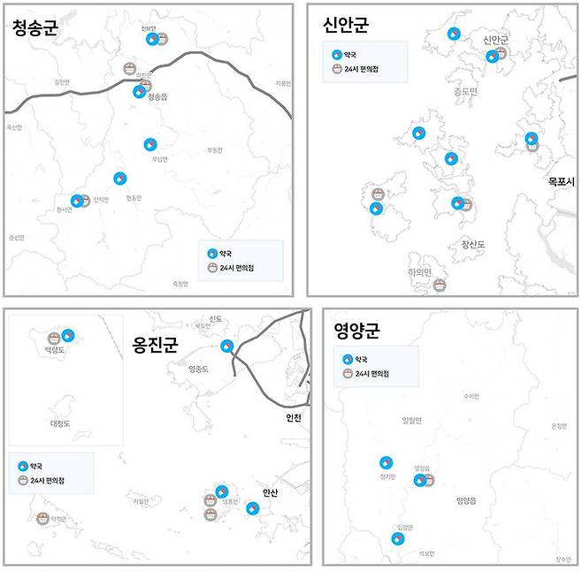대표적 의료취약지역의 약국과 편의점 분포 현황 / 약준모 제공