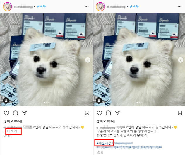 ‘표시위치 부적절’으로 적발된 인스타그램 광고. ‘더 보기’를 눌러야 광고 제공 여부를 확인할 수 있는 문구가 나온다. / 사진=공정거래위원회 제공.