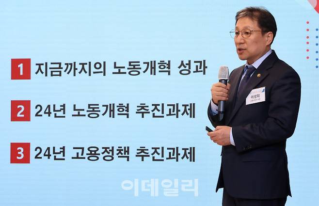 이성희 고용노동부 차관이 15일 서울 중구 통일로 KG타워에서 이데일리와 이데일리TV, 일자리연대 공동주최로 열린 ‘이데일리 좋은 일자리 포럼-윤석열 정부 일자리 정책 새판 짜자’에서 윤석열 정부 고용노동정책 방향이란 주제로 발표를 하고 있다.(사진=이데일리 방인권 기자)