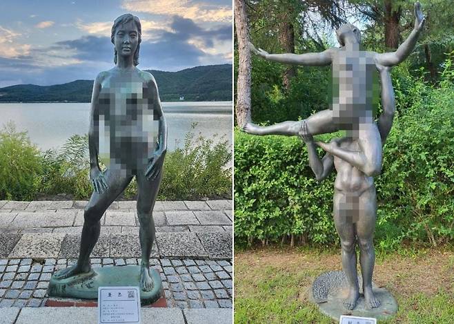 경주 보문관광단지 호반 산책로에 설치돼 있던 나체 조각상 /연합뉴스
