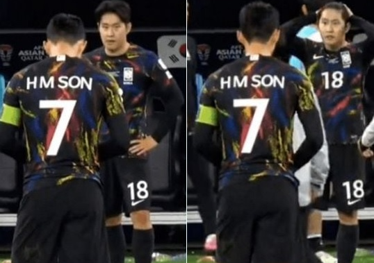 카타르 아시안컵 한국 축구대표팀 내분 소식이 뒤늦게 알려지면서 준결승 요르단과의 4강 경기가 끝난 뒤 촬영된 손흥민과 이강인의 모습이 온라인에서 재조명되고 있다. [사진출처 = 엑스]