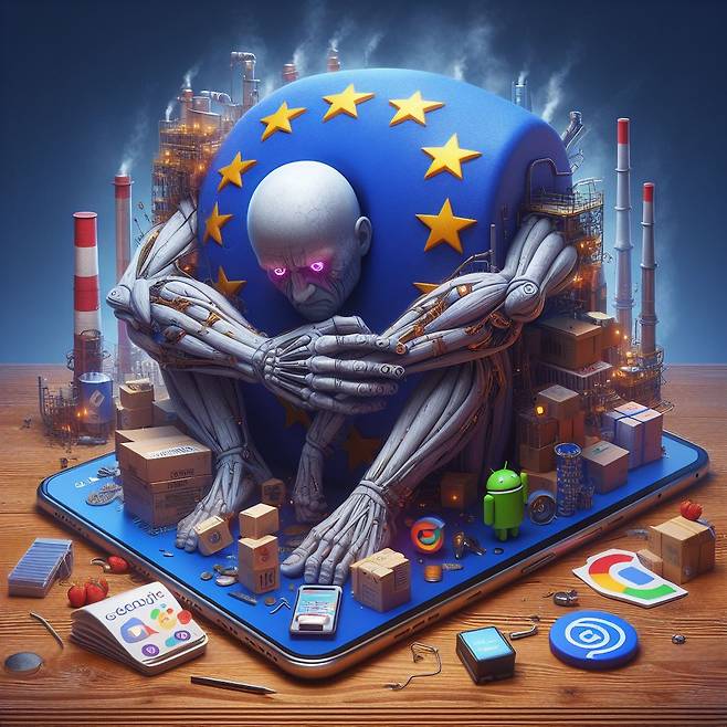 이미지 생성 인공지능(AI) 달리-3에게 “유럽연합(EU)의 강력한 규제로 혼란에 휩싸인 빅테크 기업을 그려 달라”는 명령어를 입력해 생성된 이미지. [달리-3]