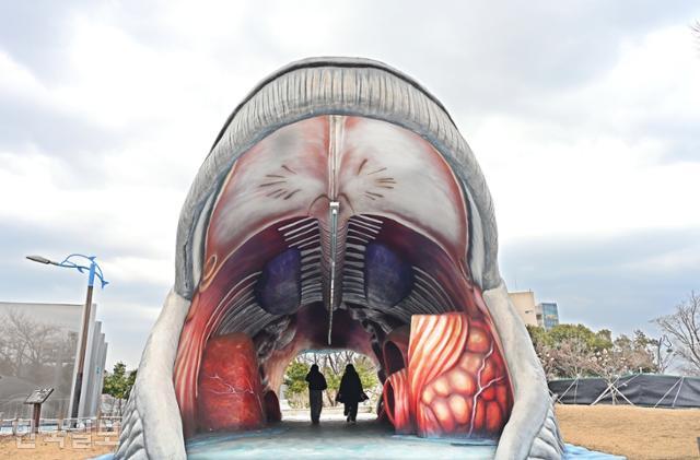 장생포고래문화마을 조각공원에 대형 고래 조각이 실물 크기로 설치돼 있다.