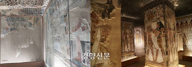 채색 벽화가 뜯겨져 나간 룩소르의  ‘귀족 무덤군’ 유적 중 ‘세네페르 무덤’(왼쪽)과 기둥이 훼손된 세티 1세 파라오 무덤의 내부 모습. 도재기 선임기자