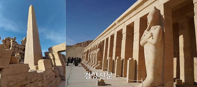 고대 이집트 유적 도시 룩소르의 ‘카르나크 신전’에 남아 있는 여성 파라오 하트셉수트의 오벨리스크(왼쪽)와 걸작의 건축물로 유명한 ‘하트셉수트 장례신전’(데이르 엘 바흐리)의 일부. 도재기 선임기자