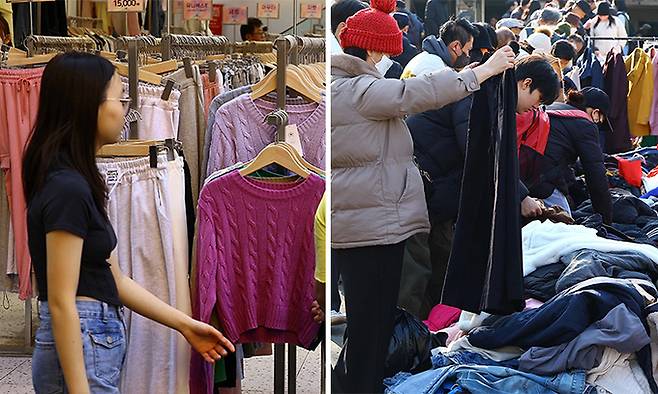 24시간 사람의 몸을 감싸고 있는 옷이 각종 화학물질로 인해 건강을 서서히 망가뜨리고 있다는 우려를 제기한 책이 나왔다. 사진은 옷 판매 현장, 연합뉴스·세계일보 자료사진