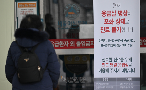 필수의료 핵심인 전공의들의 집단 사직으로 ‘의료대란’ 우려가 높아지는 가운데 20일 서울의 한 대학병원 응급의료센터 앞에 ‘응급실 병상이 포화상태로 진료 불가합니다’라고 적힌 안내문이 놓여있다. 홍윤기 기자