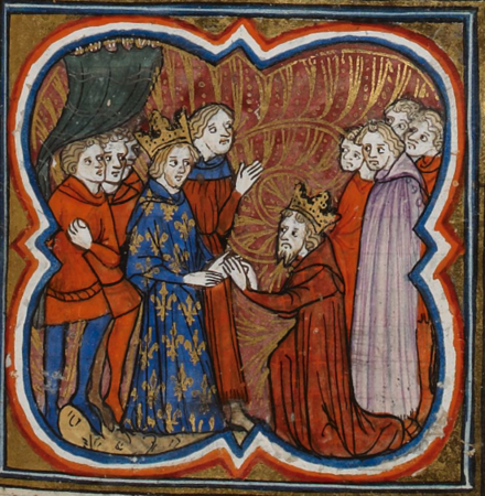 “에드워드야 오마주는 해야지. ” 1370년 원고에서 표기된 에드워드 3세가 필립 6세에게 오마주를 바치는 모습. 실제로 행한 일일지는 미지수다.
