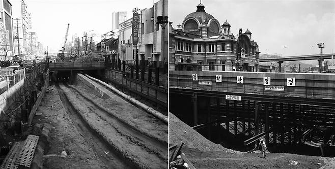 1973년 12월 지하철 1호선 종로3가역-종각역 구간(왼쪽)과 서울역 구간(오른쪽) 공사가 진행되고 있다. [서울역사아카이브]