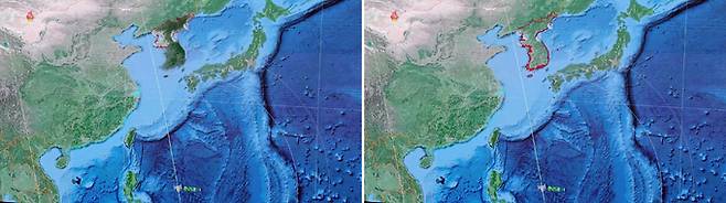 북한 조선중앙TV가 지난달 14일 처음 방영하고 지난 10일에 재방영한 기록영화 '위대한 전환, 승리와 변혁의 2023년'에서 한반도의 북한 지역만 붉게 표시해 재방영했다. 수정 전(오른쪽)정찰위성 만리경-1호의 경로 장면에서 한반도 전체 테두리를 붉은색으로 표시했으나 재방영에서는 북한 지역만 붉은색 테두리로 표시해 방영했다. 조선중앙TV 화면·연합뉴스
