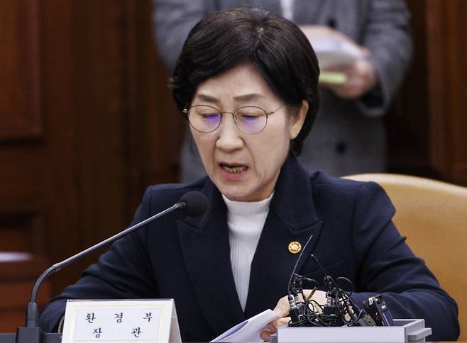 한화진 환경부 장관이 26일 오전 서울 종로구 정부서울청사에서 열린 비상 경제장관회의에 참석해 '글로벌 탑 기후환경 녹색산업' 육성 방안에 대해 설명하고 있다. /연합뉴스