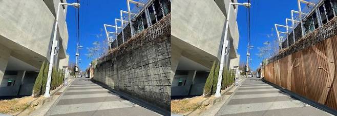 도심 건축물 벽면을 콘크리트에서 목재로 대체하기 전(왼쪽)과 후(오른쪽). 산림청 제공