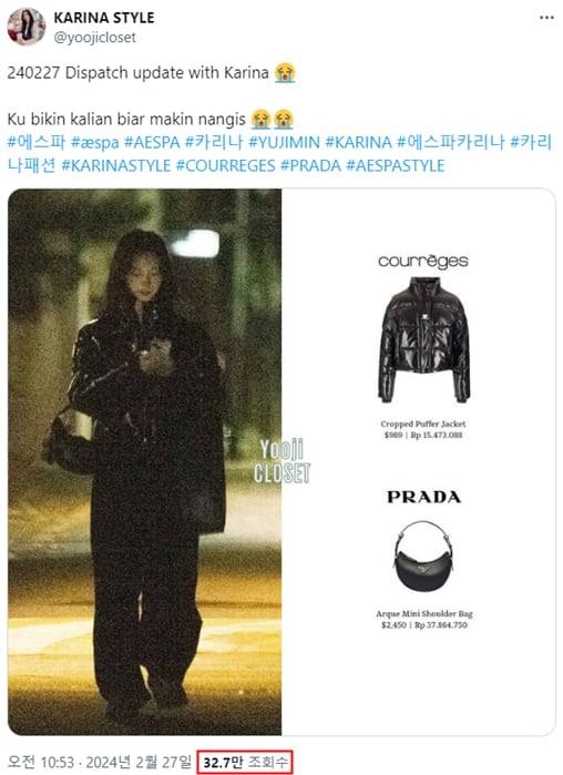 카리나 패션 정보 공유 계정에 올라온 사진. 해당 게시물은 약 1시간30분 동안 30만회 넘게 조회됐다. /엑스