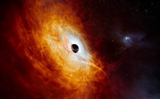 태양 170억배의 초대질량 블랙홀이 만든 120억 광년 거리의 퀘이사 ‘J059-4351’를 묘사한 그림. 지금까지 발견한 것 중 가장 밝은 천체다. ESO 제공