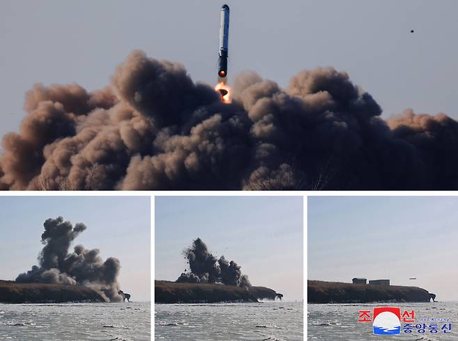 North Korea stages a missile launch on Feb. 2, 2024, in this composite photo released by the Korean Central News Agency the next day. The country conducted what its state media called a "cruise missile super-large warhead power test" and test-fired a new anti-aircraft missile. (Yonhap)