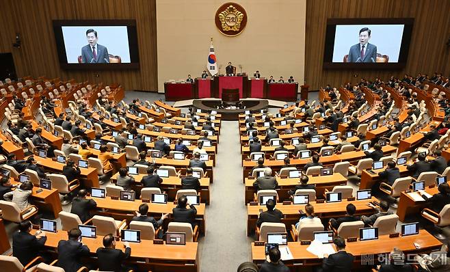 김진표 국회의장이 지난 19일 오후 서울 여의도 국회에서 열린 2월 임시국회 개회식에서 발언을 하고 있다. 이상섭 기자