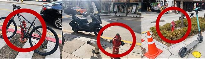 자전거, 이륜차, 공유 킥보드 등에 가려진 소화전 [촬영 홍지희]