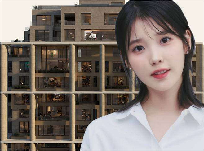 가수 아이유와 에테르노청담 전경 (사진=이담 엔터테인먼트, 현대건설)